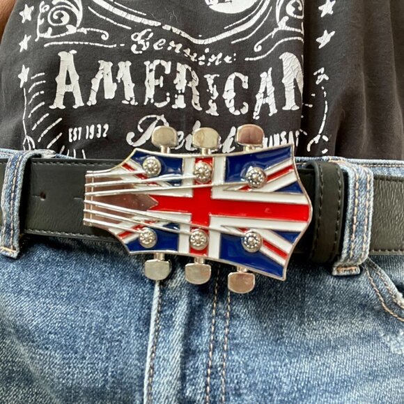 Union Jack British Guitar Rocker Belt Buckle - Picture 3 of 16